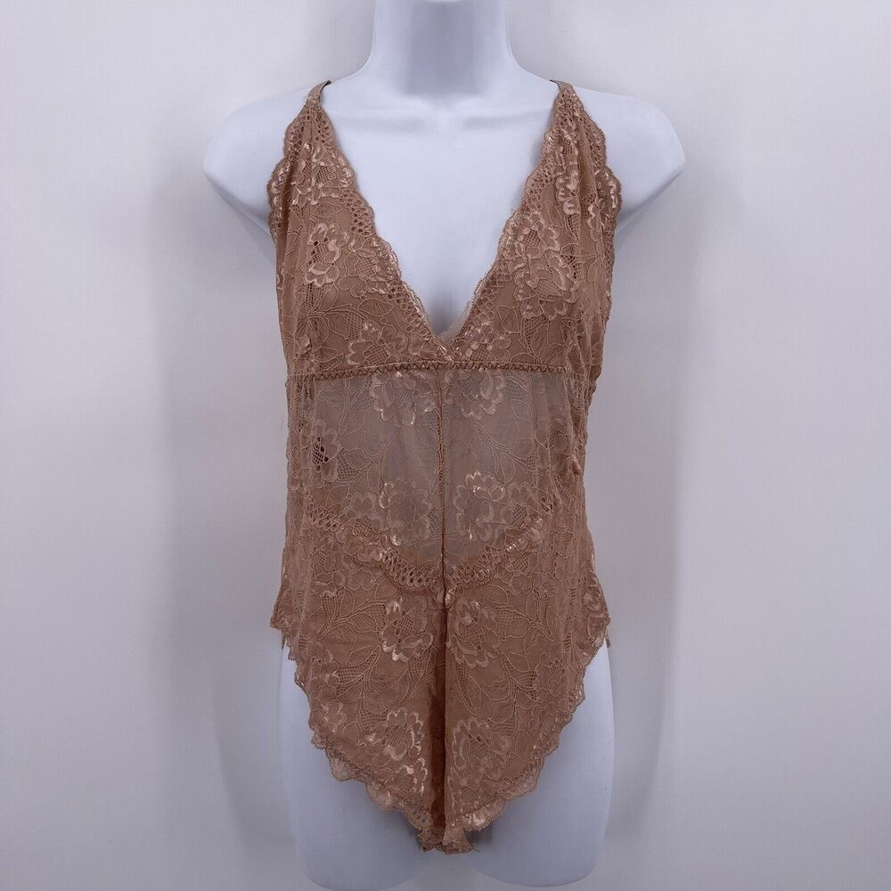 Tan Nude Lace One Piece Bodysuit AvidLove Sz L Snap Crotch Cross Back Straps NEW
